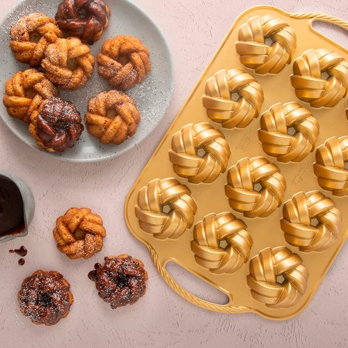Nordic Ware NW 95577 75th Anniversary Braided Rope Bundt Cake Pan, Gold 12 Cup Capacity & 95377 Bundtlette Pan 75th Anniversary Braided Bundt Bites, Gold