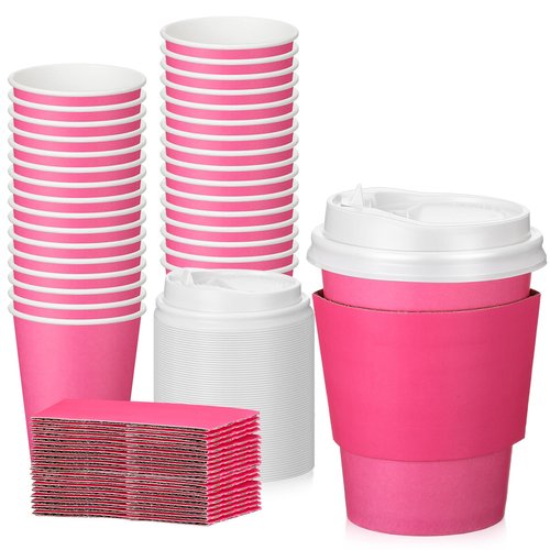 Patelai 48 Pcs 12 oz Disposable Coffee Cups with Lids and Sleeves Bulk, Insulated Hot Chocolate Paper Cup for Hot and Cold Beverage Water Juice Cocoa Tea Party Restaurants Travel Supplies (Dark Pink)