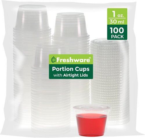 Freshware Portion Cups - 1 Ounce Disposable Plastic Cups with Lids for Meal Prep & Sauces | 100 Sets