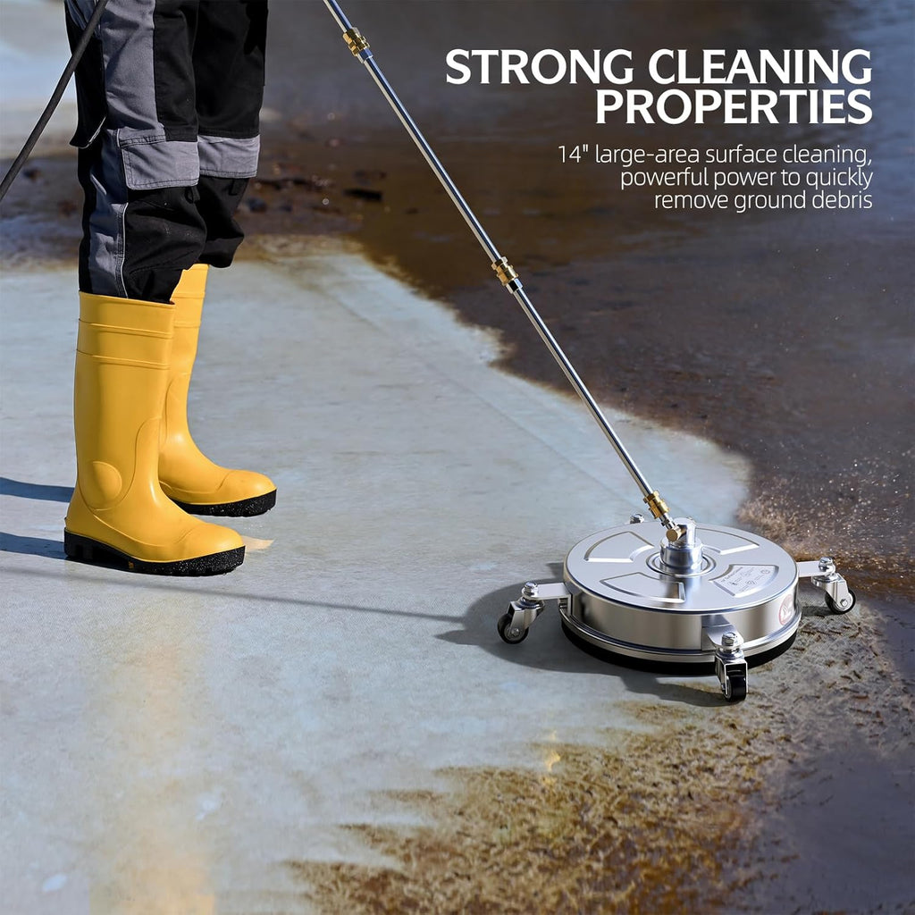 Pressure Washer Surface Cleaner - 14" 4500 PSI | Durable 304 Stainless Steel, 4 Wheels & 2 Wands