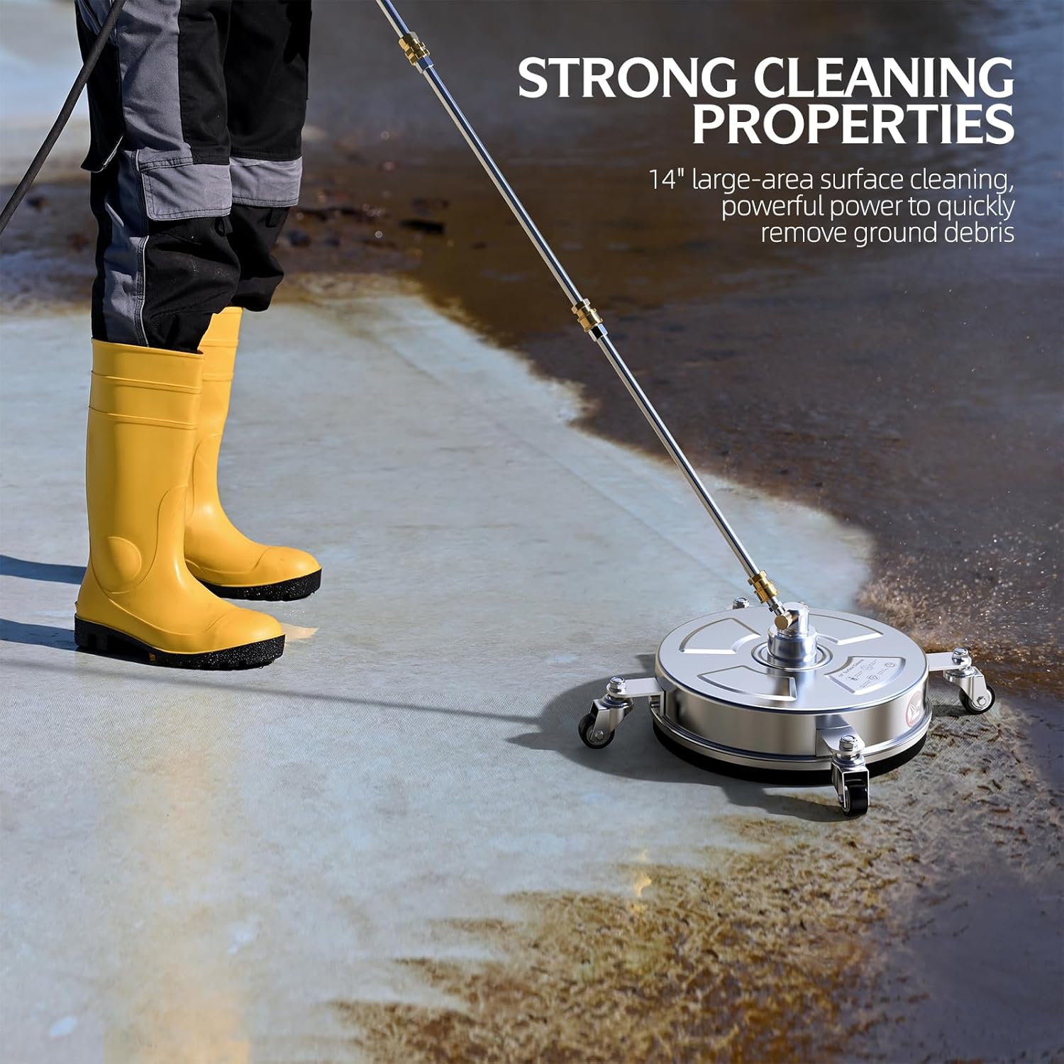 Pressure Washer Surface Cleaner - 14" 4500 PSI | Durable 304 Stainless Steel, 4 Wheels & 2 Wands