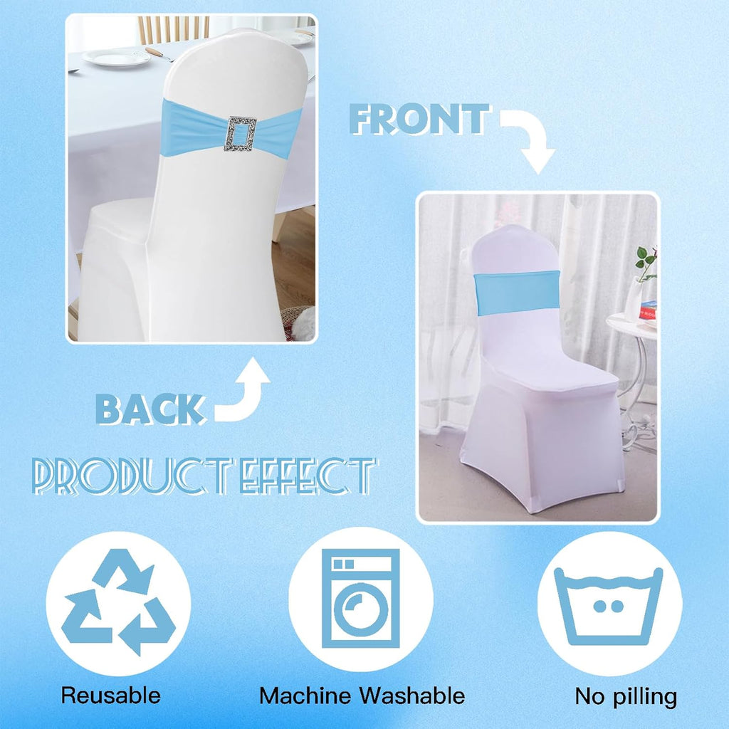 Skiennix 100 Pack Spandex Stretch Chair Sashes - Elastic Covers with Buckle Slider for Weddings & Events | Baby Blue