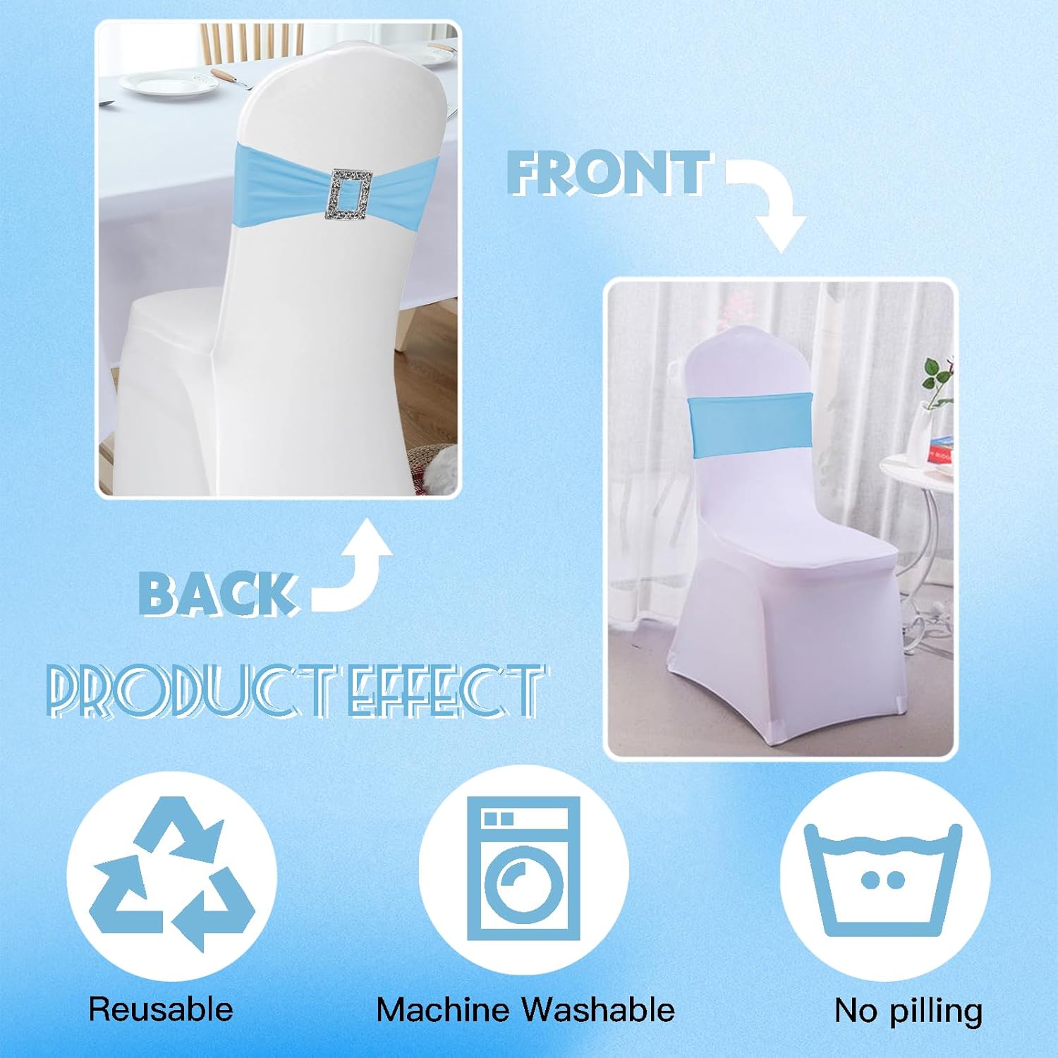 Skiennix 100 Pack Spandex Stretch Chair Sashes - Elastic Covers with Buckle Slider for Weddings & Events | Baby Blue