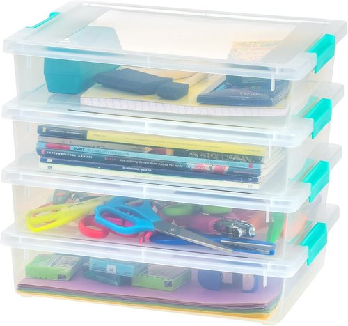 IRIS USA Craft Storage Bins - 6 Qt. Clip Box Set with Lids | Stackable Clear & Seafoam Blue | 4-Pack for Art Supplies & Organizing