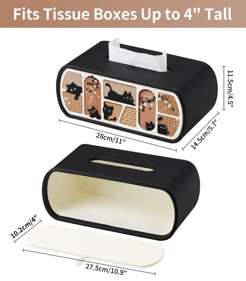 MEIBOOCH Cat-Themed Tissue Box Cover with Curved Edge, Rectangle Tissue Box Holder for up to 4 Inches High Boxes (Black)