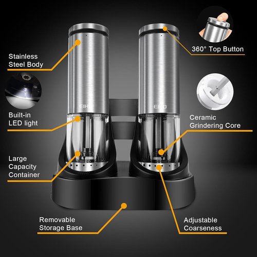 EIHO Electric Salt and Pepper Grinder Set - USB Rechargeable, Adjustable Coarseness, Stainless Steel with LED Light