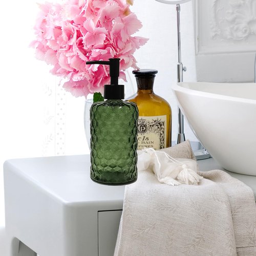 Green Glass Soap Dispenser with Plastic Pump, 17oz Liquid Hand Soap Dispenser for Kitchen & Bathroom, Great for Lotions, Essential Oil, Liquid Soaps