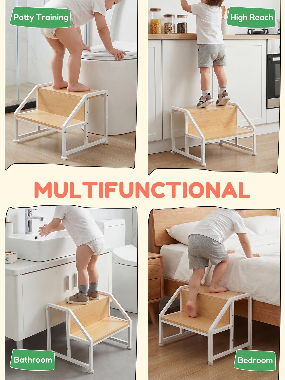 VBABY Toddler Step Stool for Kids, 2-in-1 Convertible Step Stool, Non-Slip Kids Potty Training Stool, Sturdy Wooden Step Stool for Bathroom, Kitchen & Sink