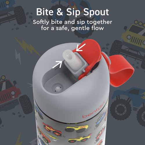 Bentgo Kids Water Bottle - Leak-Proof, Durable Tritan, BPA-Free 15 oz. Cup for Kids/Toddlers Ages 3+, Bite & Sip Spout, Carrying Handle, & Dishwasher Safe for School, Sports, Daycare & Camp (Trucks)