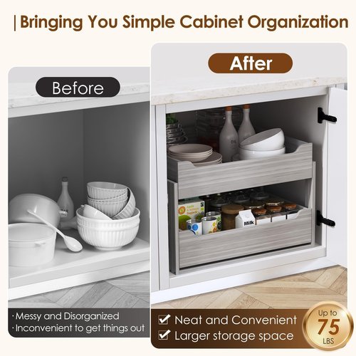 Landmok Pull Out Drawers For Cabinets, 15" W x 21.65" D x 17" H Slide Out Wooden Pull out Drawers, 2-Tier, Heavy-Duty Base Bottom Assembly Slide out Drawer Shelf Cabinet Organization for Kitchen, Gray