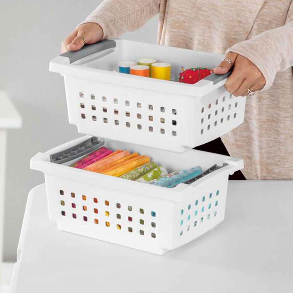 Sterilite Small Plastic Storage Baskets - Stacking Design with Comfort Grip Handles | 8 Pack, White