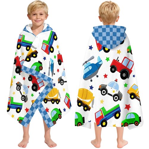 ARNUAETY Kids Hooded Beach Towel, Cartoon Car Bath Poncho for Boys and Girls Ages 3 to 8, Super Soft and Absorbent Toddler Pool Cover Up with Hood