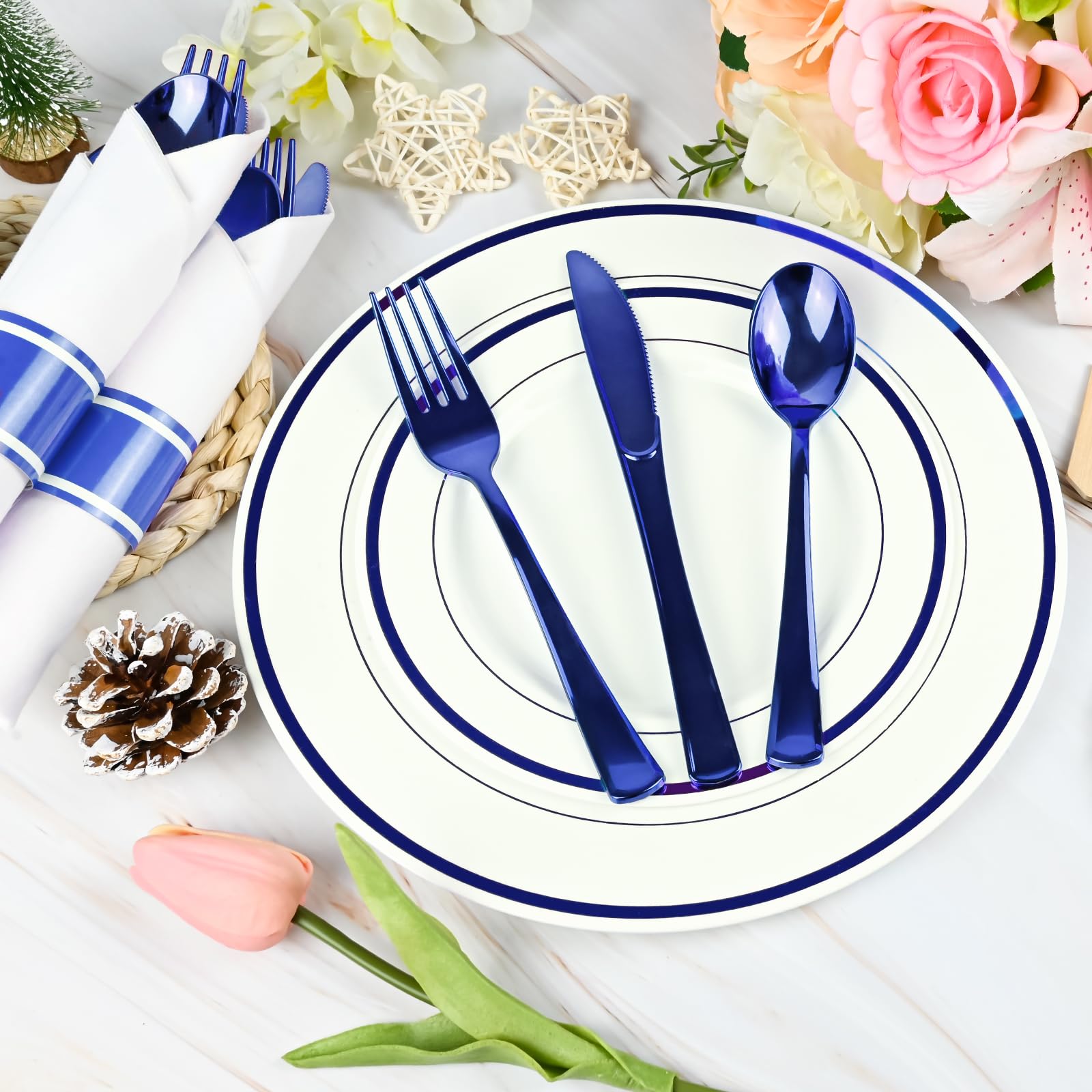 100Pack Blue Pre Rolled Plastic Silverware - Wrapped Blue Rolled Cutlery with Napkins, Heavy Duty Prerolled Plastic Silverware Set, Disposable Utensils with Dinner Napkins for Party