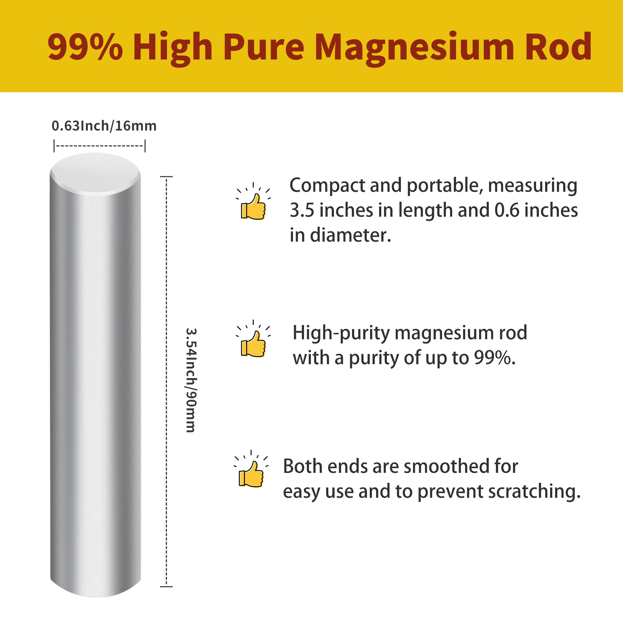 3 Pieces Magnesium Fire Starter Rods, 99% High Purity Magnesium Metal Rod, 3.5" x 0.63" – Ideal Mg Fire Starter for Survival, Emergency Sparks, Outdoor Camping Hiking (900mm x 16mm)