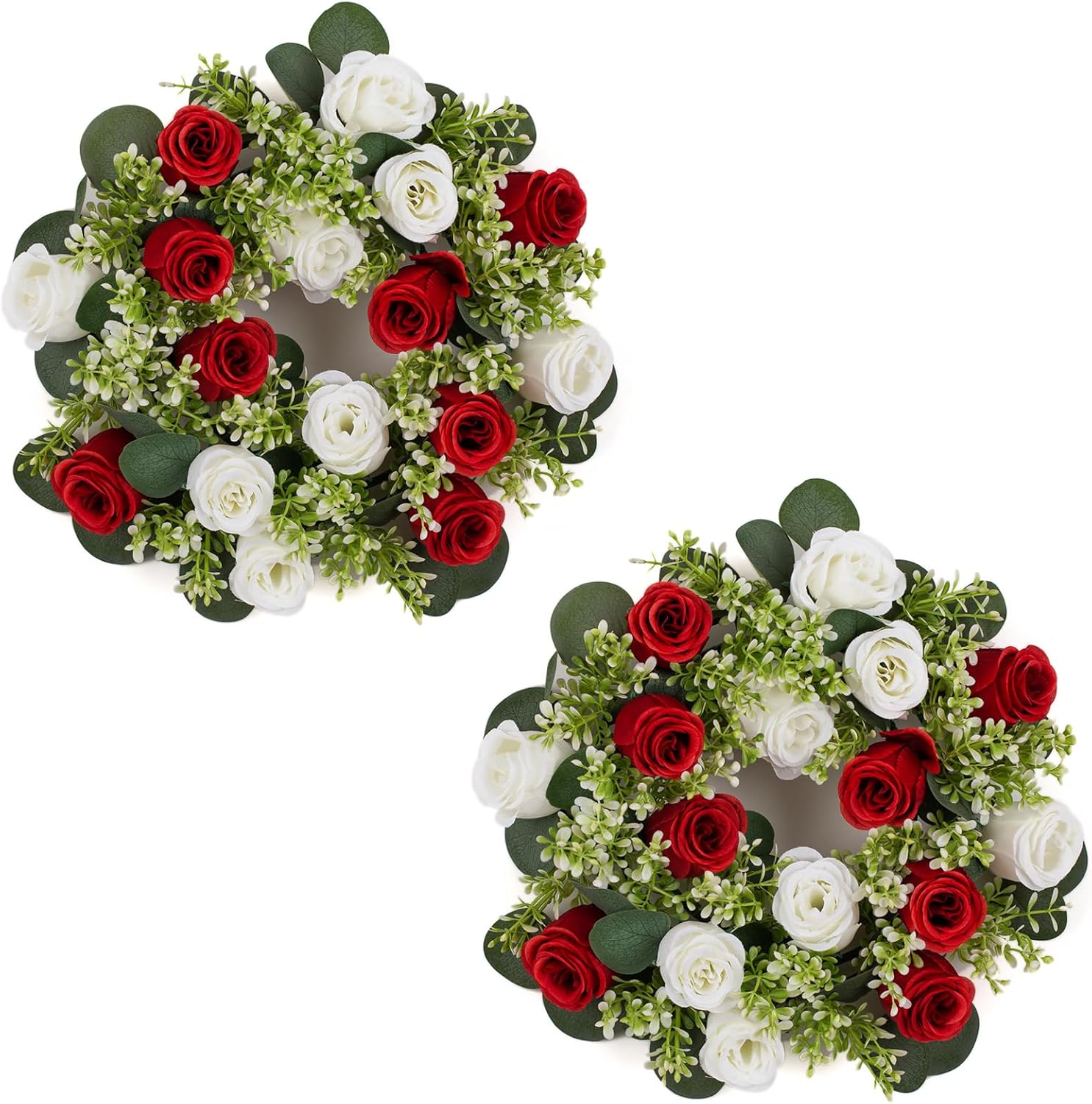 NUPTIO Candle Rings - 13.4 Inch Crimson & White Flower Rose Wreaths for Weddings & Christmas Decor | 2 Pcs