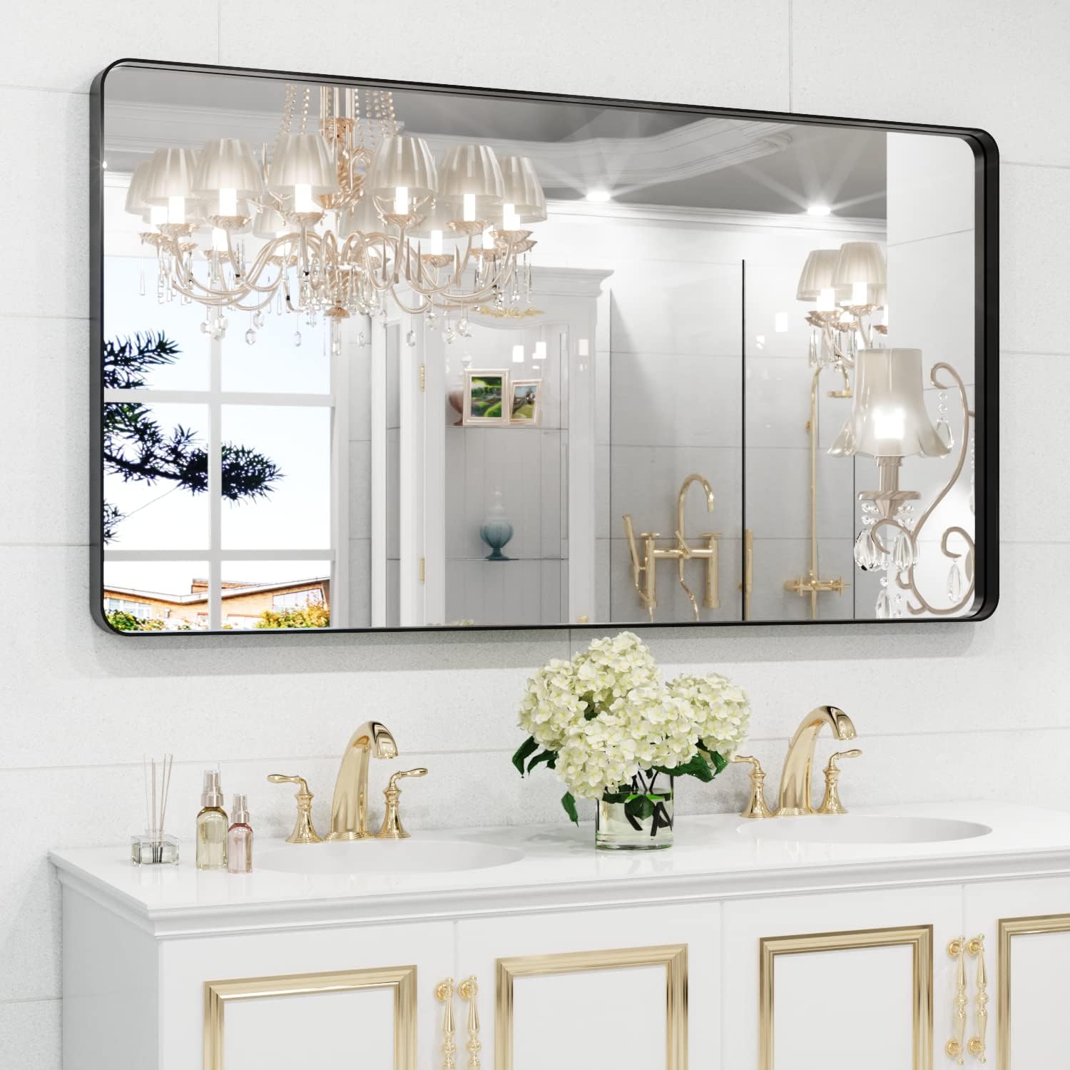 WEER Black Bathroom Mirror - 55x30 Inch Rounded Rectangle Matte Black Frame | Anti-Rust Tempered Glass, Versatile Hanging Options