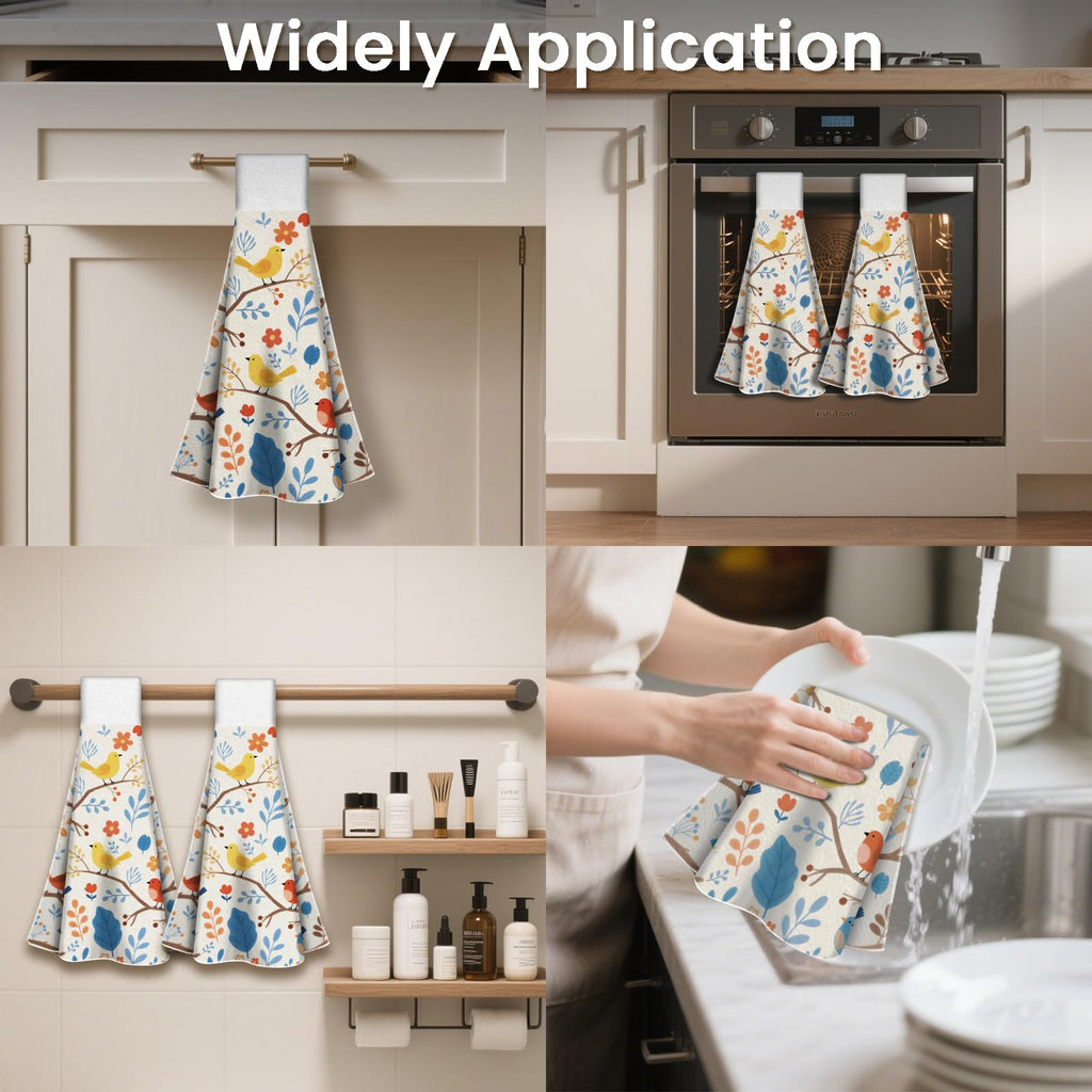 CUTHOLLOW Cartoon Flower and Bird Hanging Kitchen Towels with Loop, Set of 2 - Soft & Super Absorbent Microfiber Decorative Hanging Dish & Hand Towel, Tea Coffee Towel for Kitchen Bathroom Oven Handle