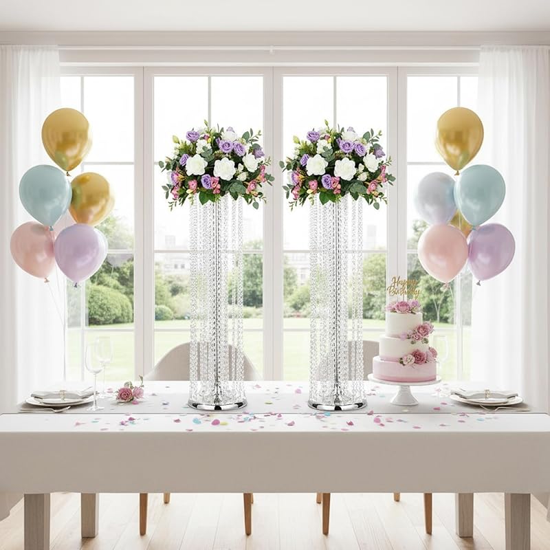 Silver Wedding Centerpiece Vases Set of 10 - 35.4in Tall Metal Acrylic Crystal Stands (Variation: Silver+10 Pc - 35.4inch)