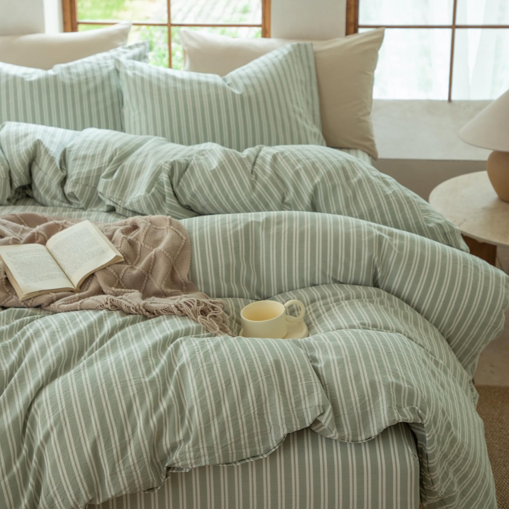 BESTDESIL Sage Green and White Striped Duvet Cover,100% Washed Cotton Breathable and Linen Like Bedding Set(Strip-Sage Green/White,Full)