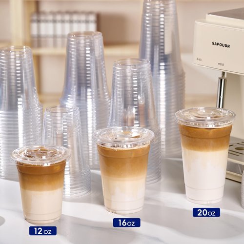 JOLLY CHEF 12 oz Plastic Cups with Lids, 500 Packs Crystal PET Clear Cups, Disposable Ice Coffee Cups with Lids For Coffee Milkshake Daily Use, Party, Wedding, Christmas