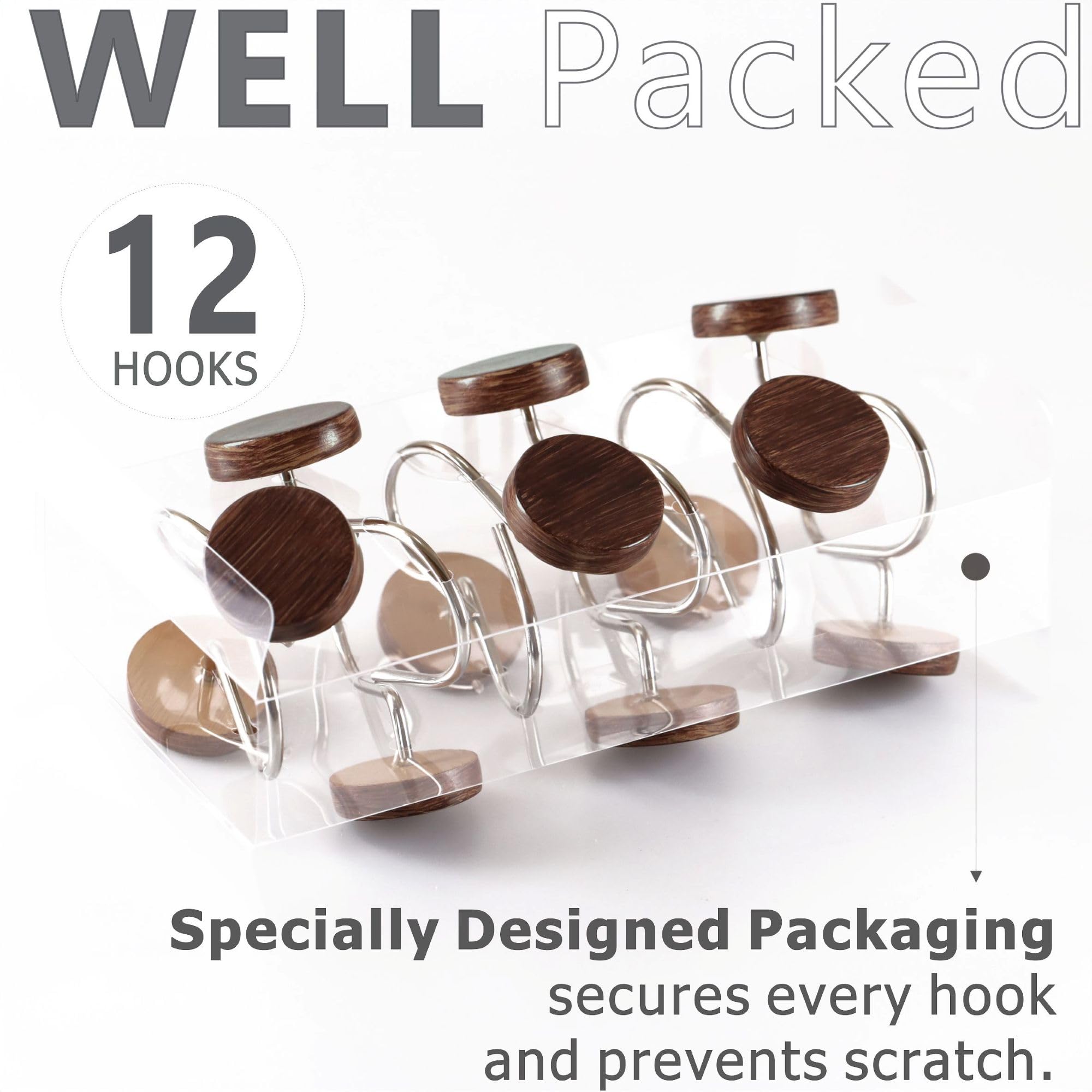 Farmhouse Boho Shower Curtain Hooks: Rustic Wood Textured Resin Button Hooks Stainless Steel Rings - Decorative Fall Winter Christmas Bathroom Accessories for Western Vintage & Nature-Inspired Décor
