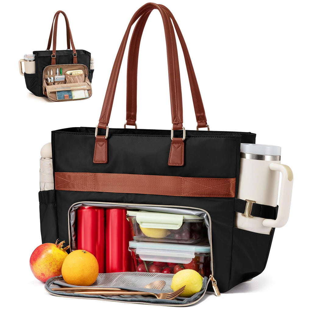 LOVEVOOK Laptop Lunch Tote Bag for Women, Work Bag with Insulated Lunch Compartment 17.3 Inch Laptop Bag with Cup Holder Large Lunch Bag for Teacher, Nurse, Office, Travel, College, Daily