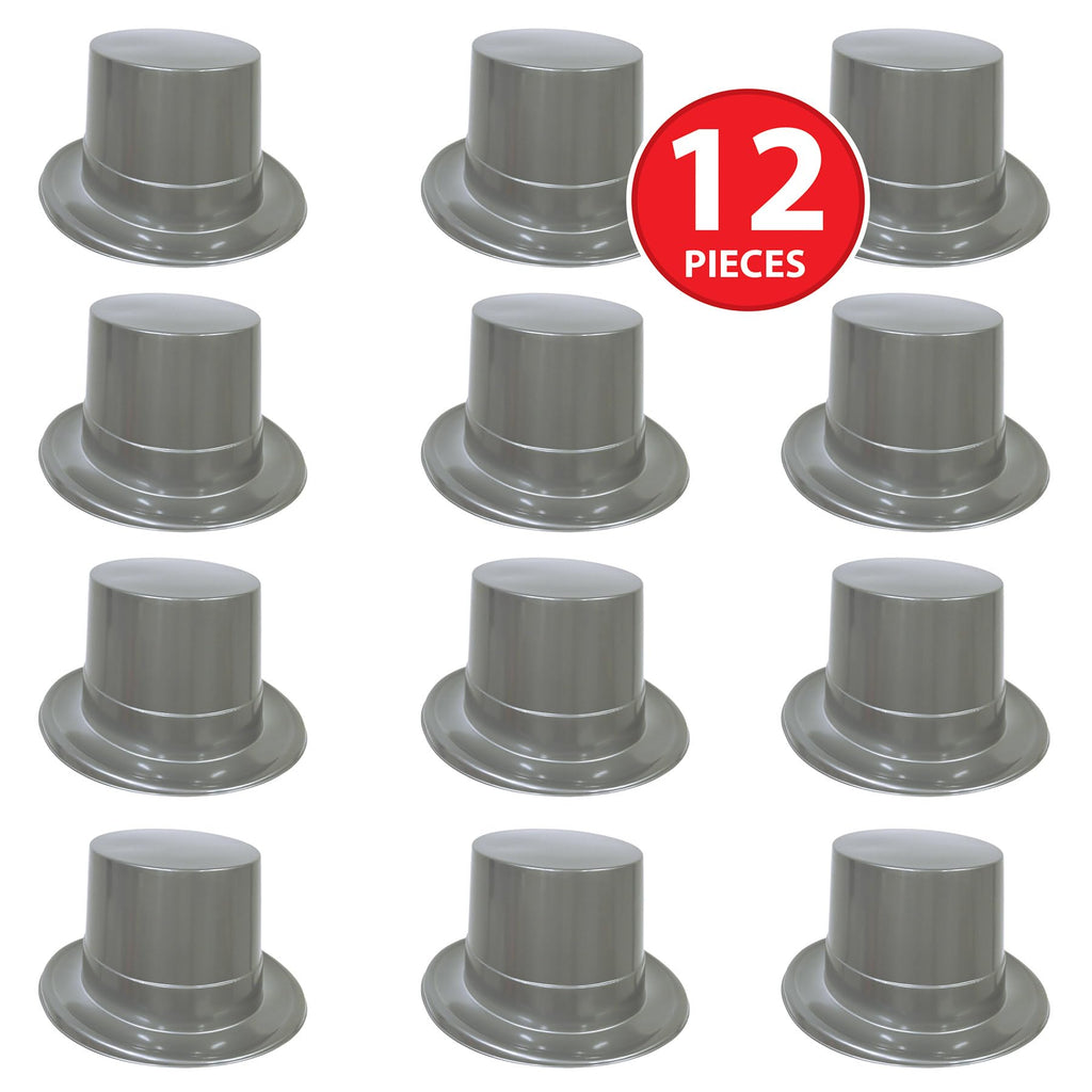 Beistle Silver Plastic Top Hats, 12-Count- Classic Party Hats for New Year's Eve, Weddings, Proms, and Formal Events, Stylish Headwear for Themed Celebrations and Costume Accessories