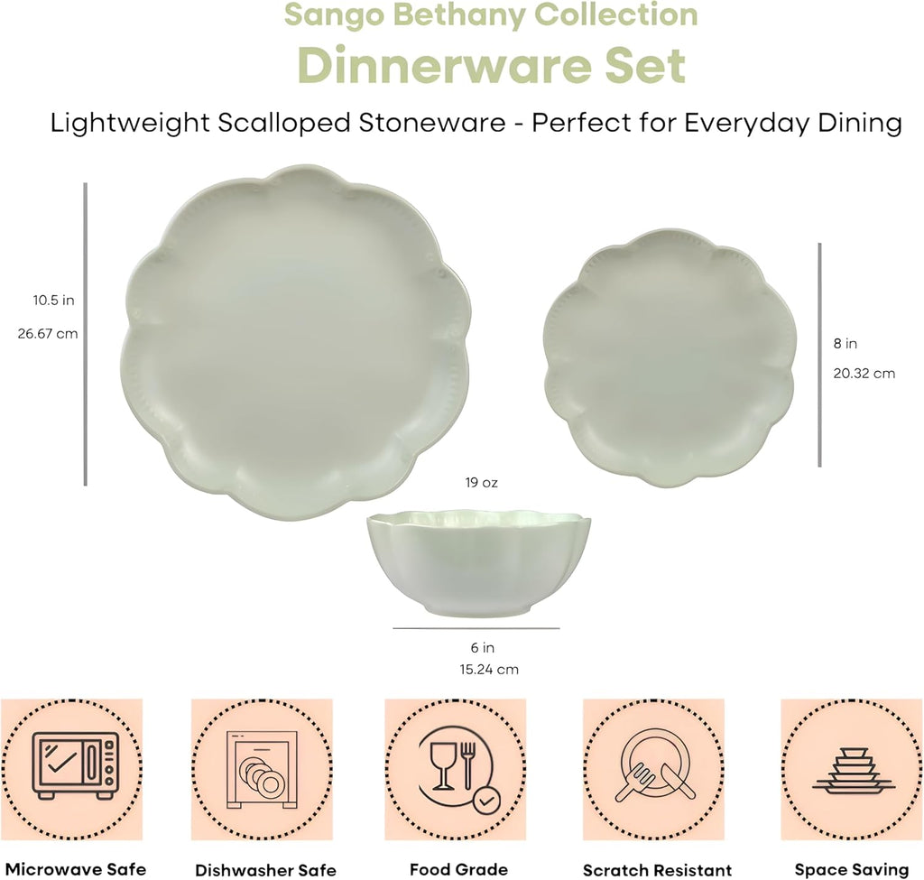 Sango 12-Piece Scalloped Dinnerware Set - Sage Green Ceramic Dishes for 4 | Chip Resistant & Dishwasher Safe