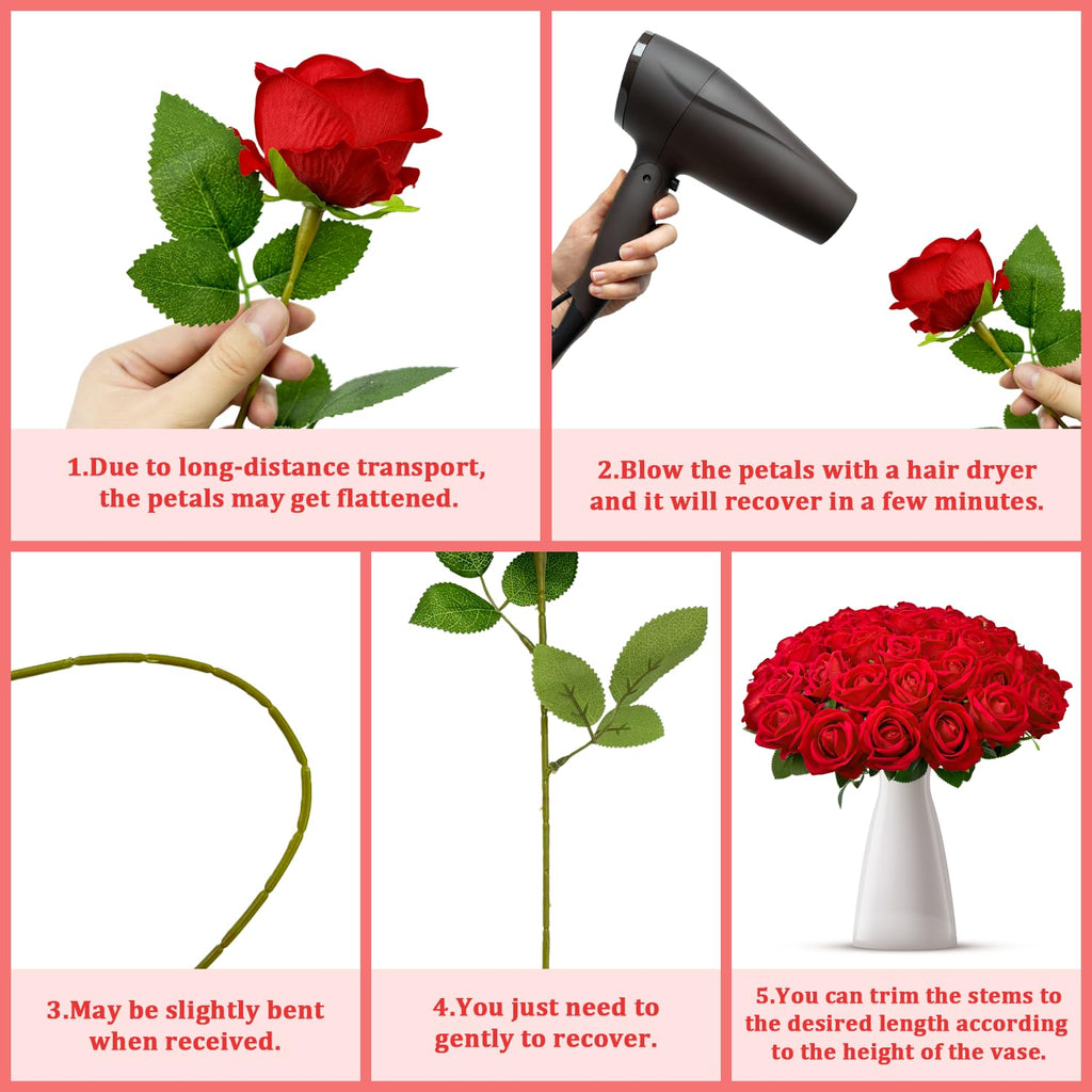 Wondrus Bulk Artificial Flowers 50 PCS, Fake Velvet Silk Red Roses with Long Stems Realistic Bouquet for Wedding Centerpieces, Faux Arrangement for Home Table Decor