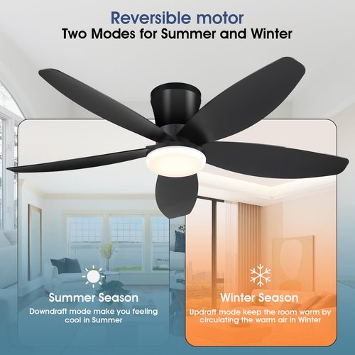 Surtime 42" Ceiling Fans with Lights-Low Profile Ceiling Fan with Light and Remote/APP Control,Flush Mount,DC Reversible,LED Dimmable Blakc Ceiling Fans for Bedroom,Indoor/Outdoor Patio Use