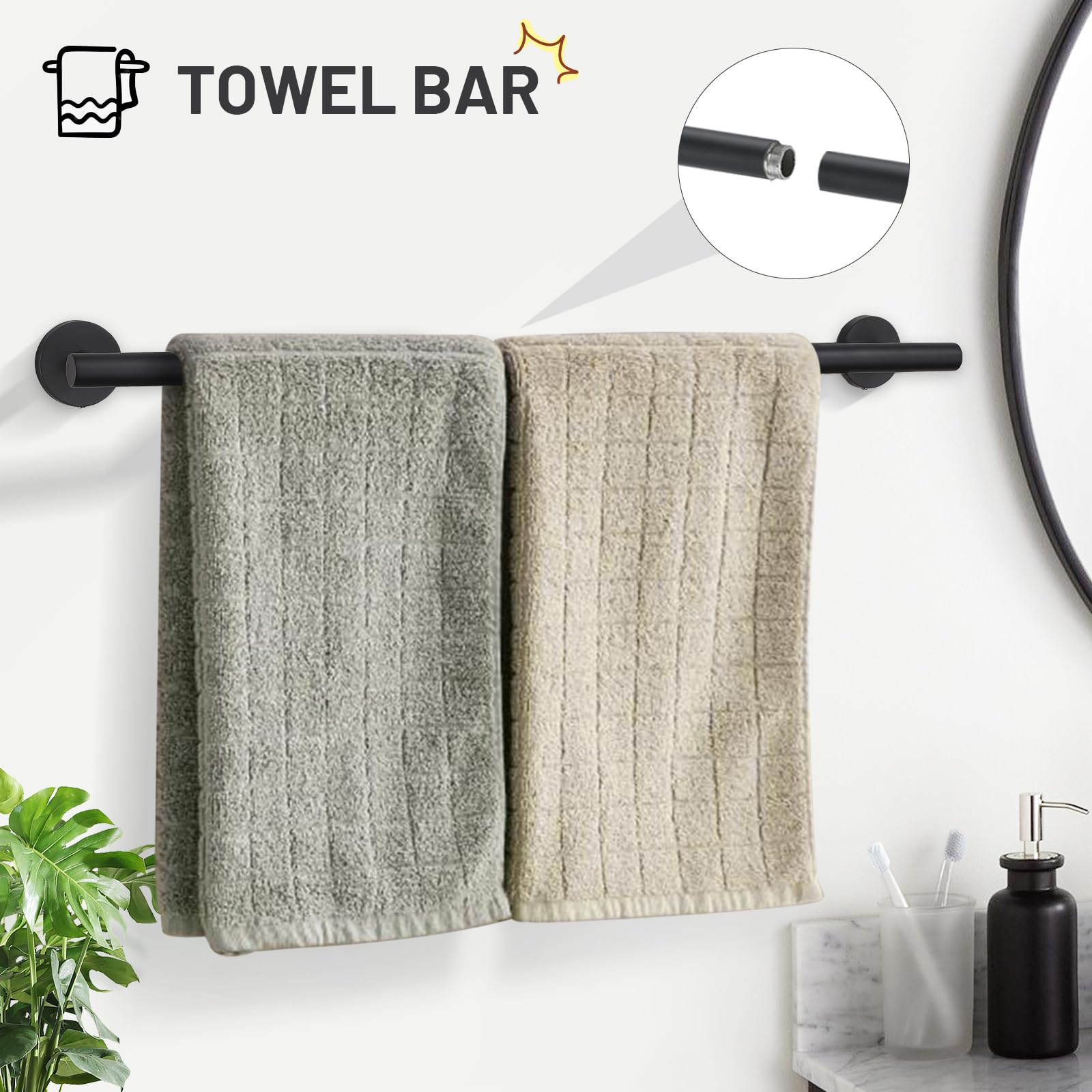 TURS Matte Black 5 Piece Bathroom Hardware Set, SUS304 Stainless Steel Bath Towel Bar Set, 24 Inch Round Bathroom Accessories Kit Wall Mounted