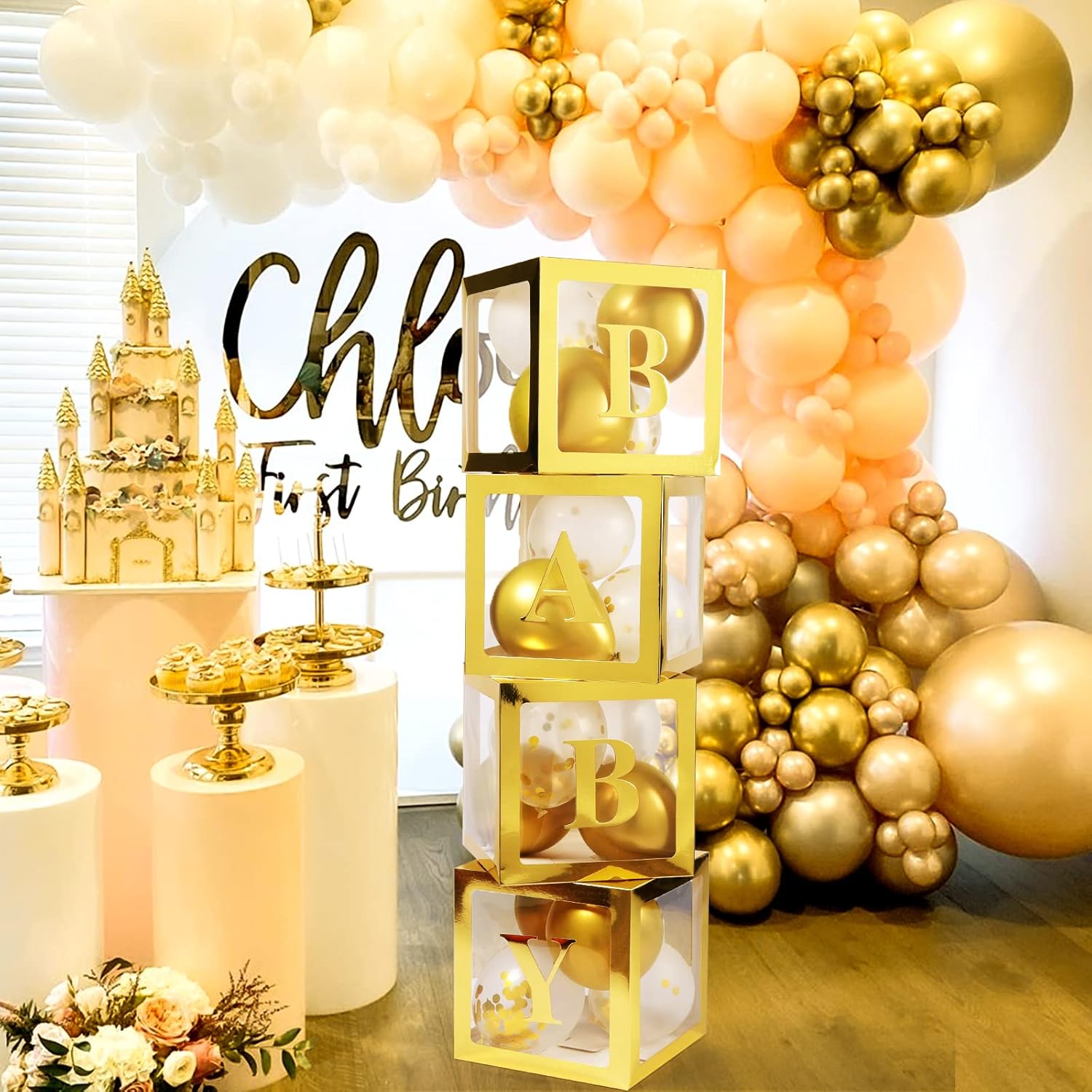 Voircoloria Baby Boxes - 4 Transparent Balloon Boxes with Letters for Baby Shower & Gender Reveal (Gold)