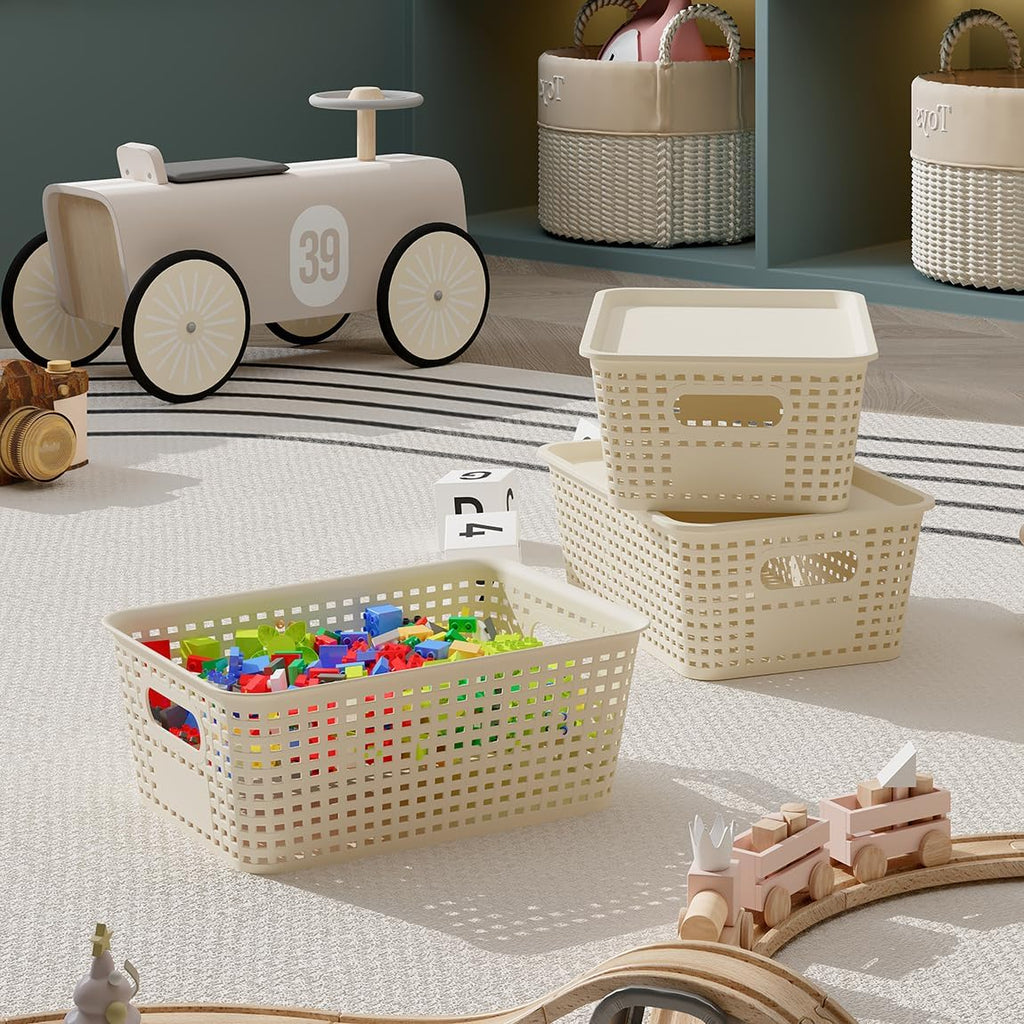 Resze Plastic Storage Baskets - 6 Pack Stackable Organizer Bins with Lids | Space-Saving White Design for Home & Office