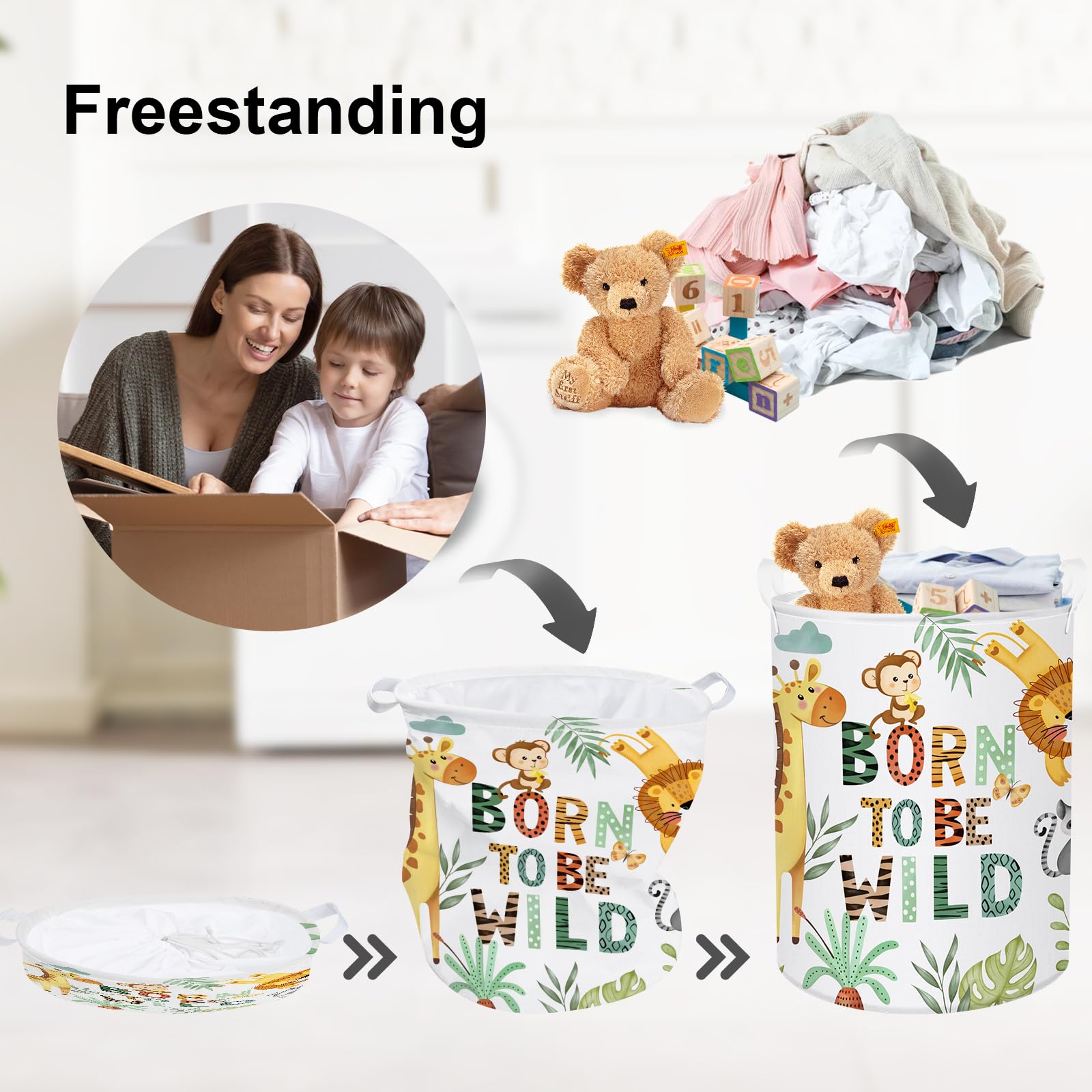 Clastyle 45L Boho Animal Tree Kid Laundry Hamper for Boy Girl Collapsible Elephant Tiger Clothes Toy Storage Basket with Lid for Bedroom Bathroom Nursery