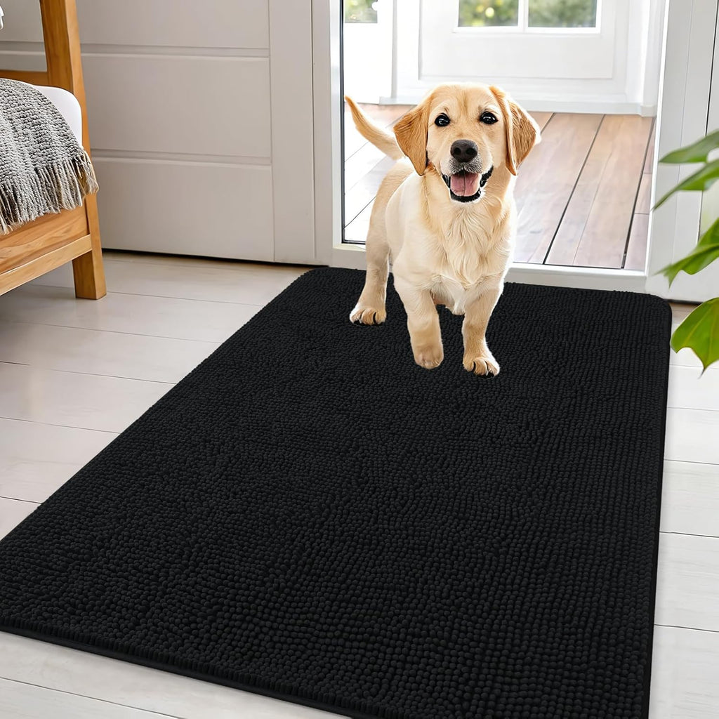 OLANLY Dog Door Mat - Absorbent Non-Slip Mud Mat for Indoor Use | 44x32, Quick Dry Chenille, Black