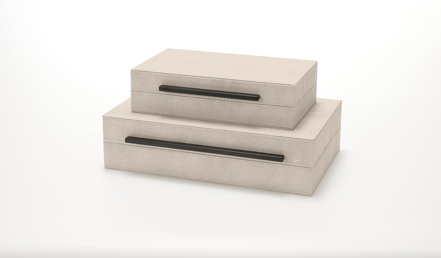 Sagala Ivory Shagreen Decorative Boxes - Set of 2 with Black Metal Handles | Modern Faux Leather Storage Solutions