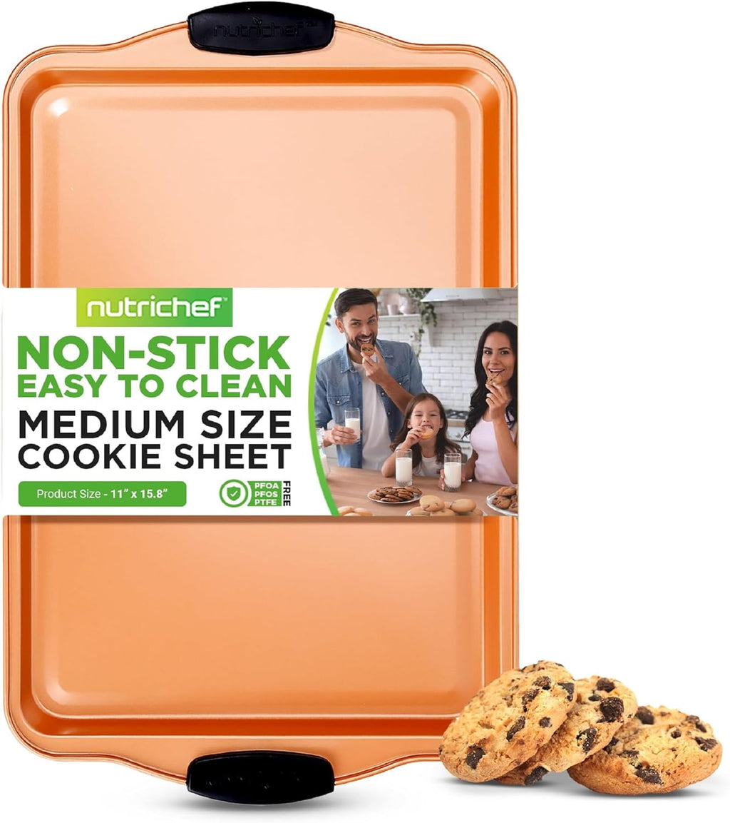 Nutrichef Nonstick Cookie Sheet - Premium Carbon Steel Baking Pan with Silicone Handles | 15” Copper, Dishwasher Safe