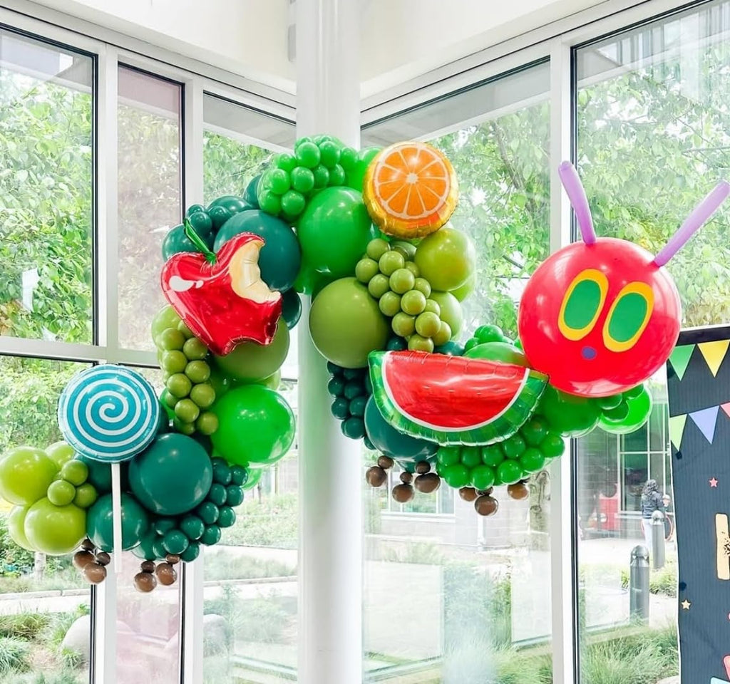 Hungry One Caterpillar Balloon Garland Kit, 164pcs Green Caterpillar Shaped Balloons with Fruit Foil Balloons for First Birthday Decorations Picture Book Story Theme Party Summer Baby Shower Supplies