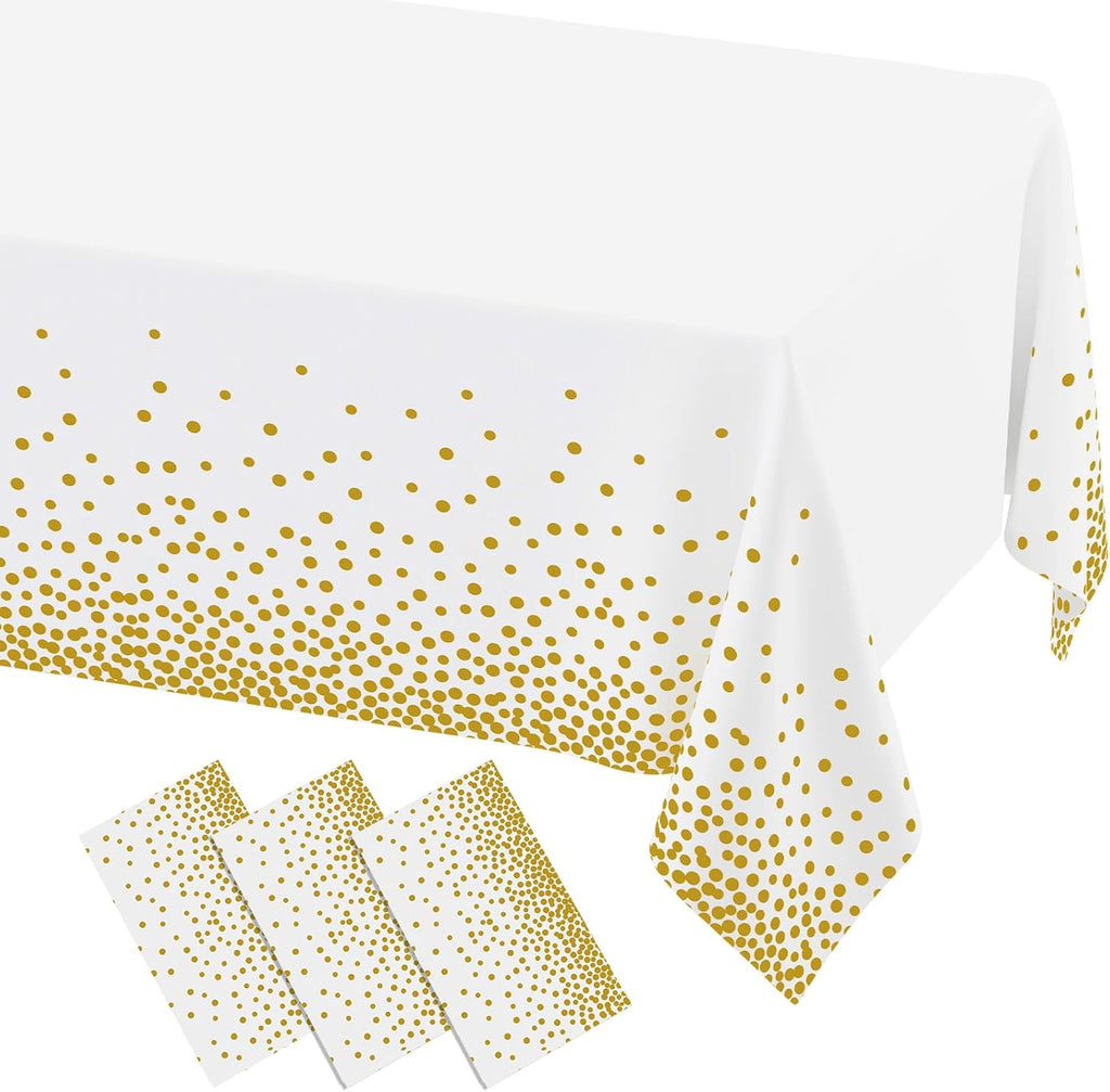 Misaya Disposable Tablecloths - 3 Packs of Waterproof 54 x 108 Inch Gold Dots on White for Parties & Picnics