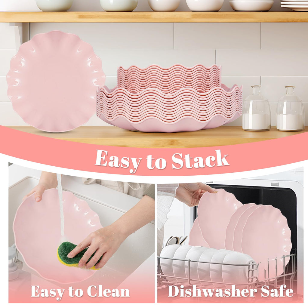 LIYH 50 Pcs Pink Plastic Plates Reusable - Durable and Dishwasher Safe Baby Shower Plates Wavy Daisy Plastic Flower Plate for Mothers Day Plates Party Wedding Birthday Picnics BPA Free (25Guests)