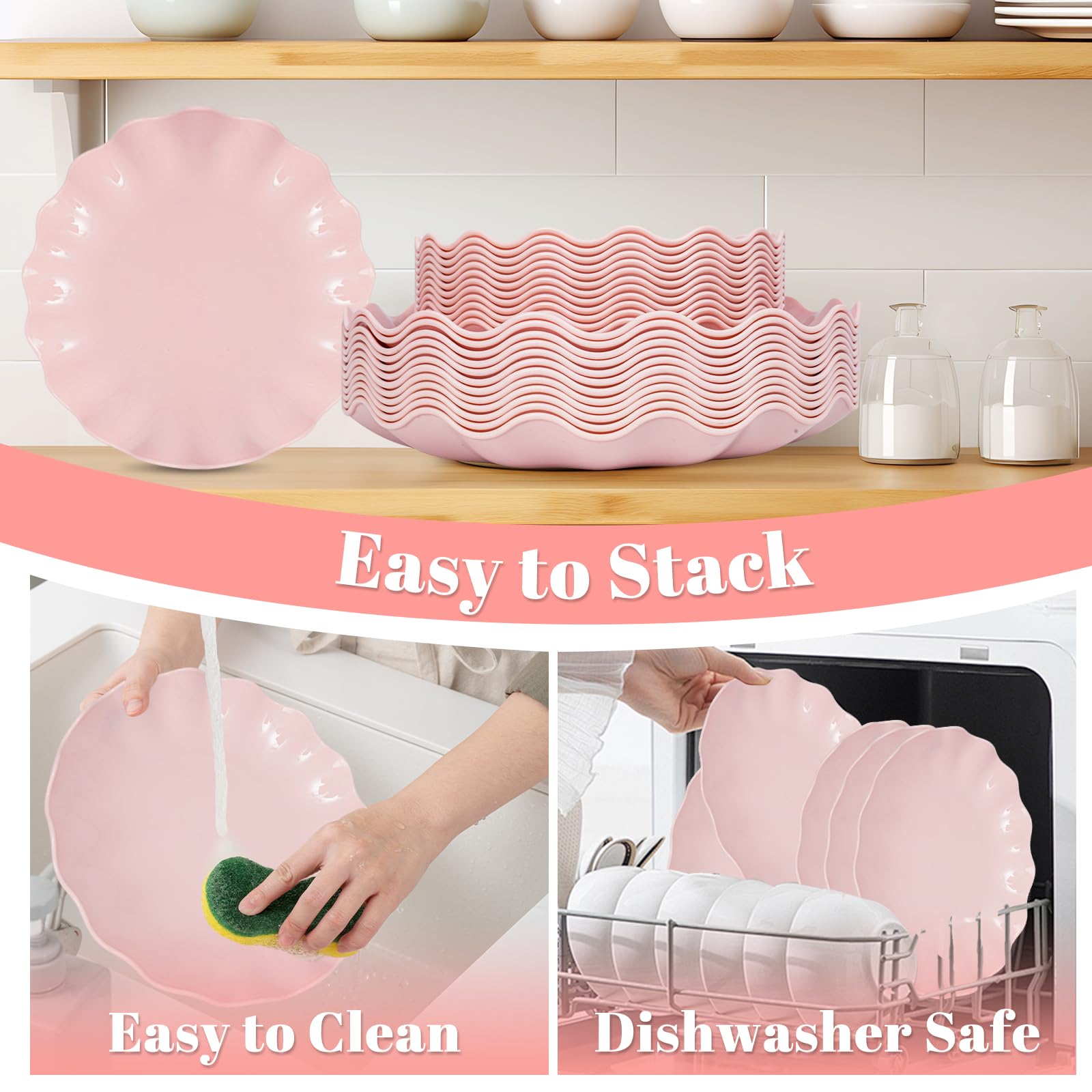 LIYH 50 Pcs Pink Plastic Plates Reusable - Durable and Dishwasher Safe Baby Shower Plates Wavy Daisy Plastic Flower Plate for Mothers Day Plates Party Wedding Birthday Picnics BPA Free (25Guests)