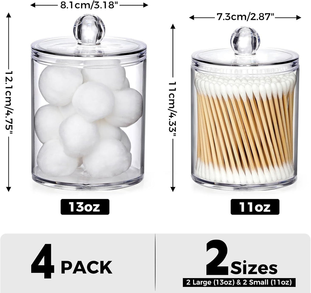 Skiennix Acrylic Qtip Holder Dispenser - 4 Pack Clear Canisters for Cotton Swabs & Makeup Storage
