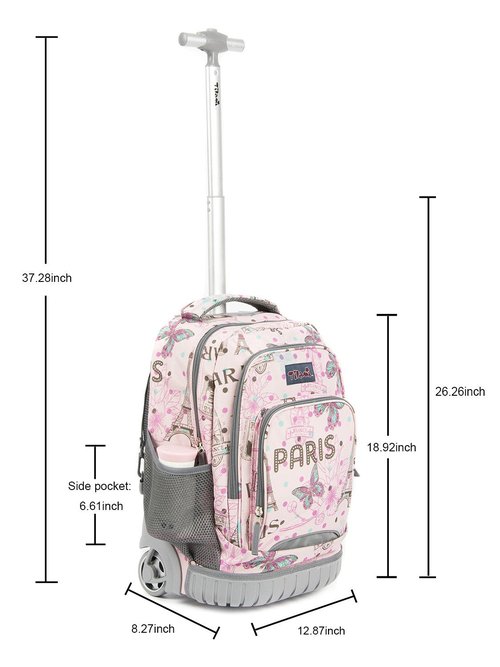 Tilami Kids Rolling Backpack 18 inch Boys and Girls Laptop Backpack, Pink butterfly
