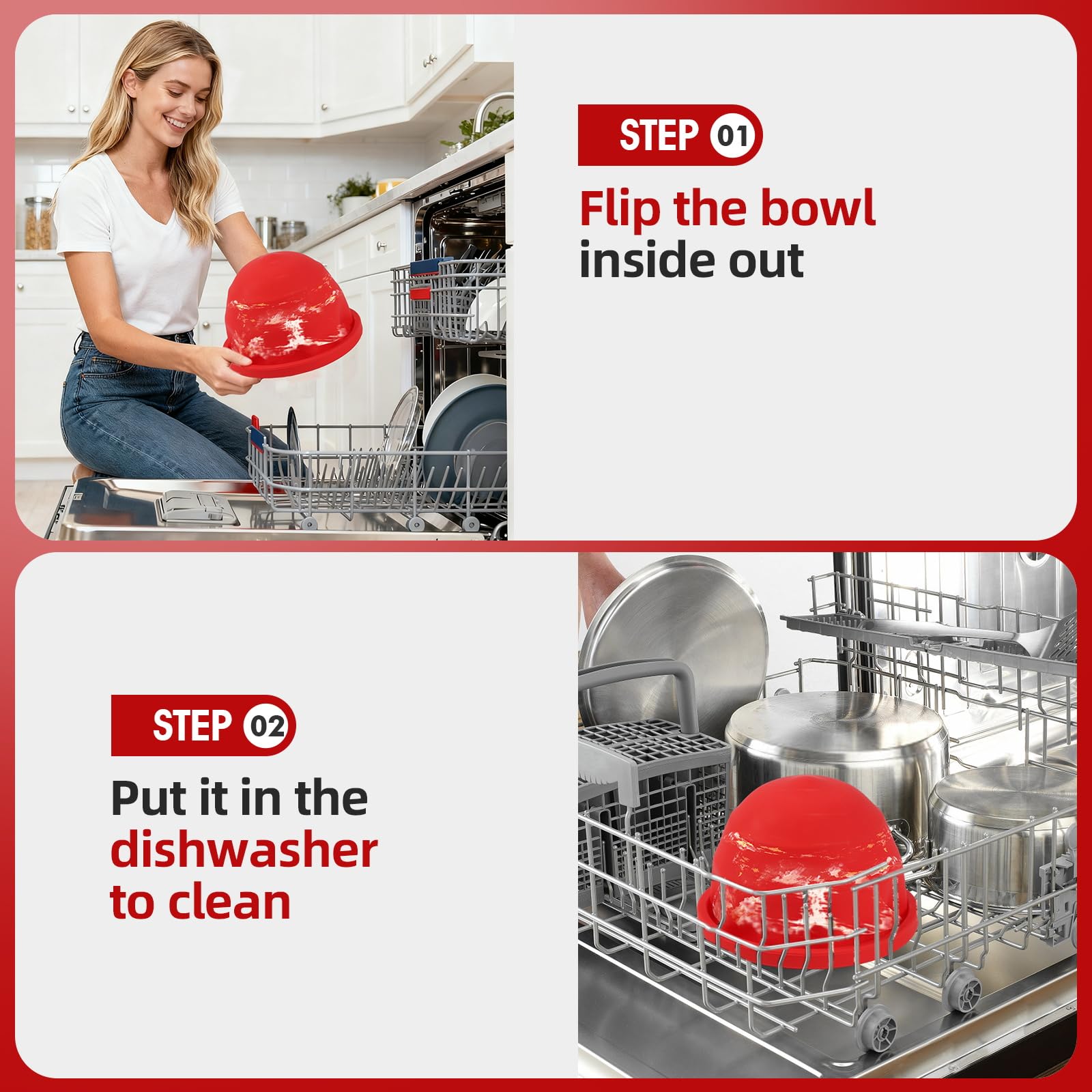 3 PCS Foldable Silicone Liners for Kitchenaid Tilt-Head 5 QT Mixer - Dishwasher-Safe Food-Grade Silicone Bowl Insert - Simple to Use Mixer Accessories for Effortless Baking Prep (Black+Off-White+Red)