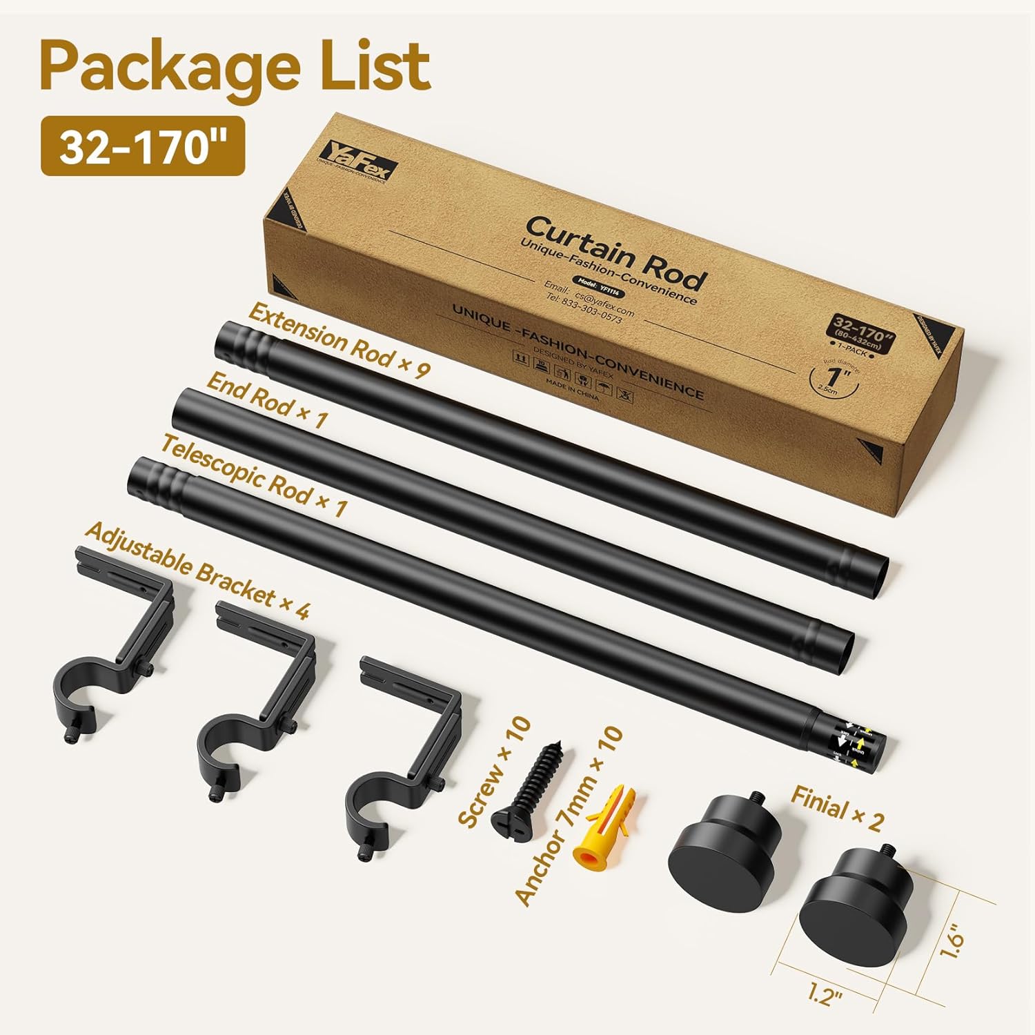 YaFex Heavy Duty Adjustable Curtain Rod - 32-170 Inch, Modern Black Design for Easy Installation