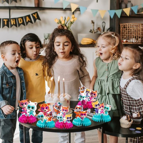 6Pcs Super Kitties Party supplies set Honeycomb Centerpieces Double Sided Table Topper for Super Kitties birthday party decoration