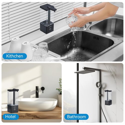 Automatic Soap Dispenser Touchless, Hand Soap Dispenser, 16.5oz/490mL Transparent Reservoir Wall Mount, Type-C Rechargeable, 3-Level Adjustable, Water-Resistant for Bathroom,Kitchen,Office, Black
