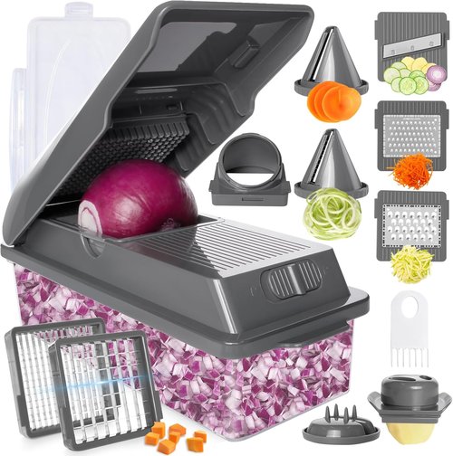 LHS Professional Vegetable Chopper - 11-in-1 Multifunctional Kitchen Gadget with Food Storage Containers | Grey