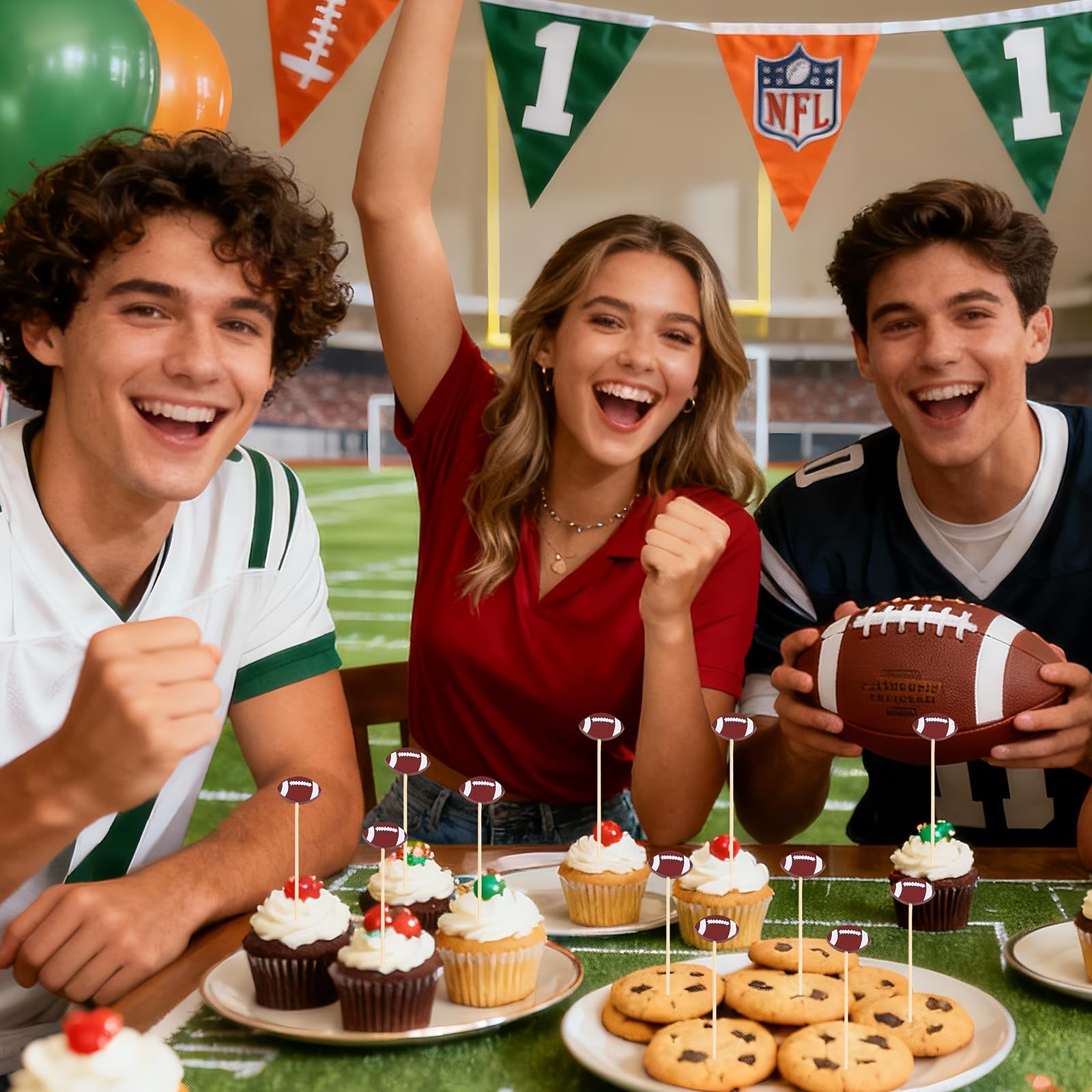 FOIMAS 120pcs Football Cocktail Picks,Football Cocktail Picks for Appetizers Fruit Food Cake Skewers Holiday Birthday Rugby Ball Themed Party Decorations
