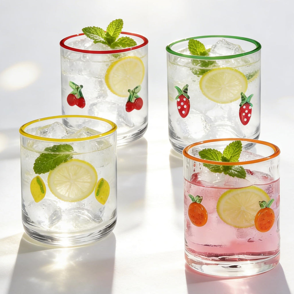 Whaline 4Pcs Fruit Icon Juice Glass 14 Oz Wine Glass Strawberry Lemon Cherry Orange Stemless Cocktail Drinking Cups for Home Party Favors Supplies